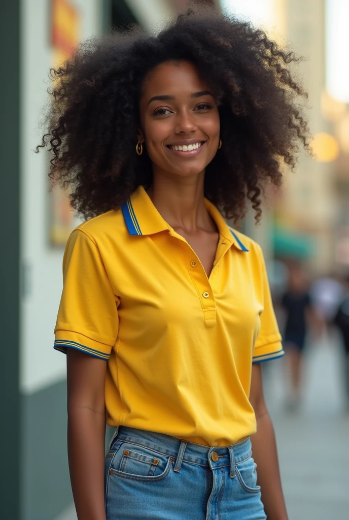 Totally navy blue polo shirt, with white striped collar and cuffs, on a woman with brown curly hair, greeneyes, and a big mouth