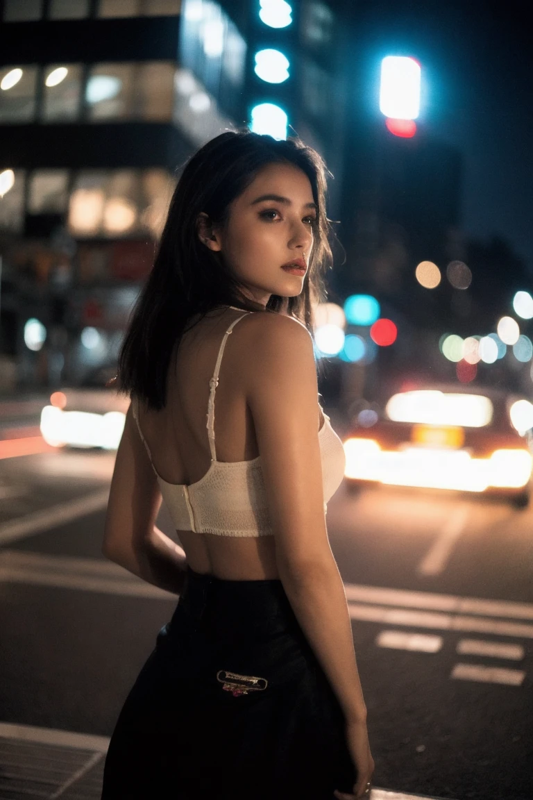 (8K, RAW photo, Best quality, Masterpiece:1.4),nudegirl,(No underwear 1:1.5),back to the viewers,超高分辨率, (Realistic, photo-realistic:1.48),Omertosa,1girll,(Kpop idol), (aegyo sal:1),Cute, (super bokeh night city center:1.25), Bokeh, Night, Traffic Lights, road signs, rain, after rainny, Wet, Professional lighting, Detailed lighting, photon maping, Radio City, Physically-based rendering,back lit lighting, Depth of field, Natural lighting, hardfocus, filmgrain, One meter shooting distance, professional photoshooting, photographed with a Sony a9 II Mirrorless Camera, Detailed eyes, Realistic eyes, detailed shadow, view the viewer, Detailed lighting, (Small Thong panties), upper legs, (detailed hairs, photo-realistic hair, Realistic lighting, realistic shaded, realistic dress), Realistic skin, (Waist gun:1), Realistic reflection of light from above, ((arms back behind)),(with hands behind her back),tube top,Sexy,Night,Wet,Rained