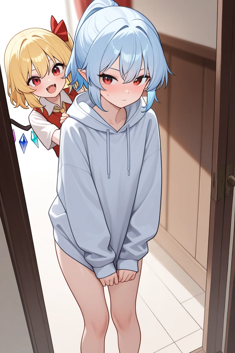 A ten year old succubus, de cabelo loiro curto e frisado, wearing red dragon hooded pajamas with pull down ass flap to expose ass, having a sexual orgy happily inside an ancient mausoleum, illuminated by will-o&#39;-the-wisp balls, Rear view, aproximada 25%, qualidade HD, goblin showing and holding his cock for her, getting fucked, wanking off 2 goblins