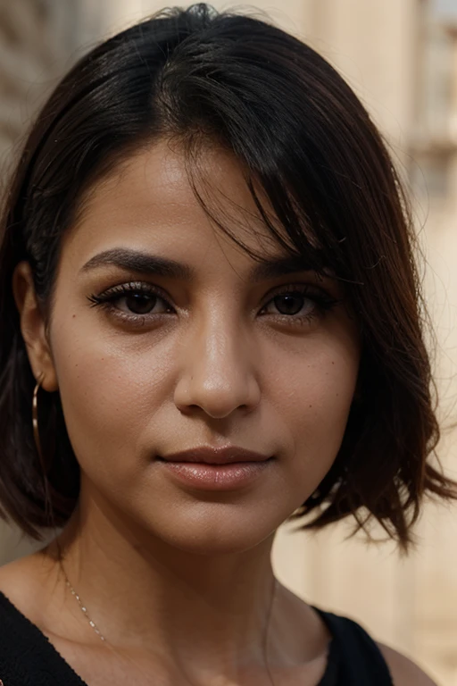 Realistic photo of a beautiful l4ur3nc-v1 woman,  1girl, solo, breasts, looking at viewer, hijabi, shirt, brown eyes, white shirt, short sleeves, nail polish, mole, lips, buruma, realistic, soft lighting, professional Photography, Photorealistic, detailed, RAW, analog, sharp focus, 8k, HD, DSLR, high quality, Fujifilm XT3, film grain, award winning, masterpiece