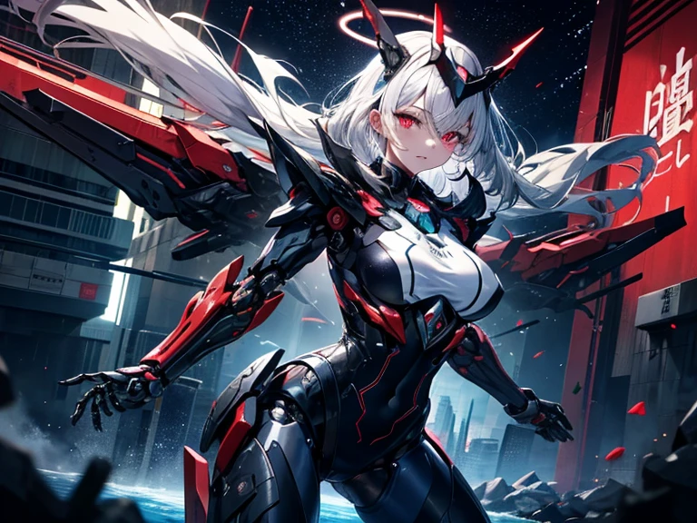 put,android,Robot joints,(чрезвычайно подробные обои CG Unity 4k),(masterpiece),(Best quality),(ultra detailed),(best illustration),(best shadow),(absurdity),(simple background), white long hair (hime cut), Red eyes, smile, happy, Hands on hips,