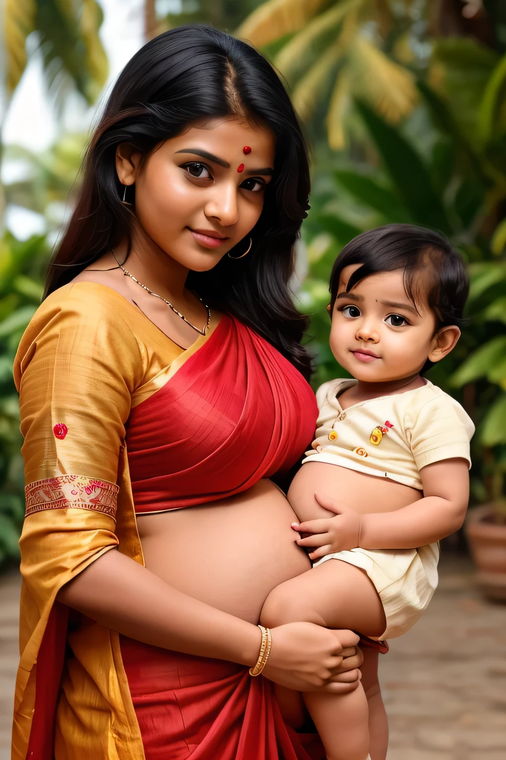 a indian wido fat aunty was crying in pain because his little baby bite him in his soft white tummy. her sari is white in colour.streat hairs .and his son wears haf pant.the woman showing