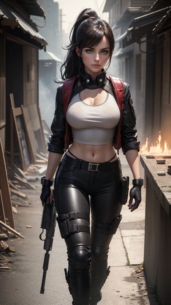 A MILF , show her butt at viewer , taking gun and blade , The background is the battlefield,black hair color hair,Red sunglasses,Bright red tight combat uniform,microkini,Expose the lower half of the breast,Breast areola