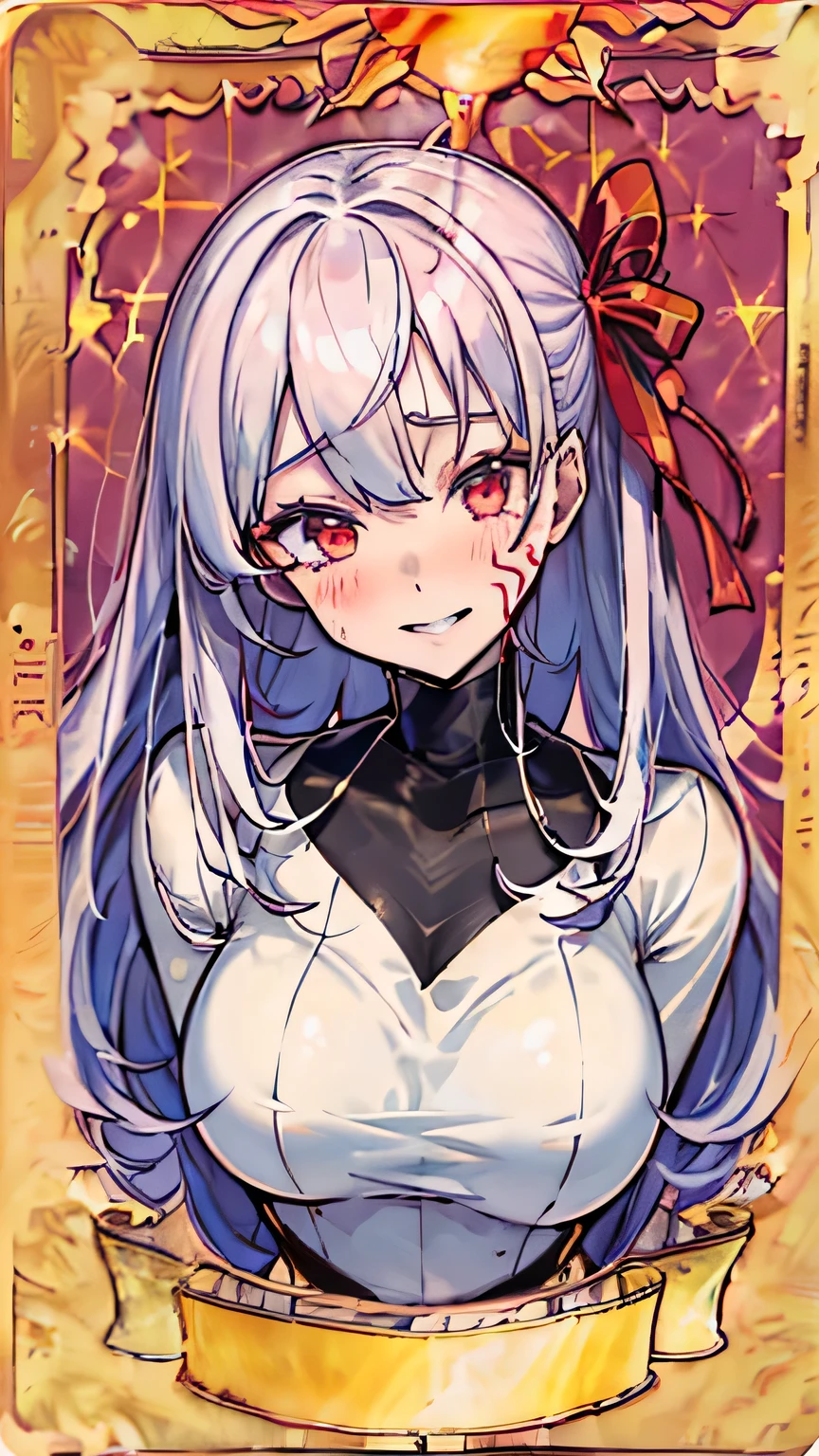 card style frame rim, (class card), (abstract background), (becomes a high rarity card)　(hologram limited illustration card sparkles)　(Highest rarity SSR),
(pov),(close up face),  (open arms for viewer), reaching out of frame,
 (upper body:1.2),
 (head tilt), 
evil grin, evil smile, half closed eyes, blush, drunken eyes, 
(最高品質)), ((傑作)),(詳細),高解像度,鋭い焦点,(非常に詳細 CG unity 8k wallpaper),(((鮮やかな色彩))),(complete anatomy),
(((very shiny skin,  plastic glitter skin, exaggerated shiny skin, illuminated skin))), betterhand, (5本の指), 
1girl, dark sakura, white hair, long hair, red eyes, facial mark, hair ribbon, pink ribbon,(巨大な胸), (巨大なヒップ),

corruption, striped dress, black dress, turtleneck,