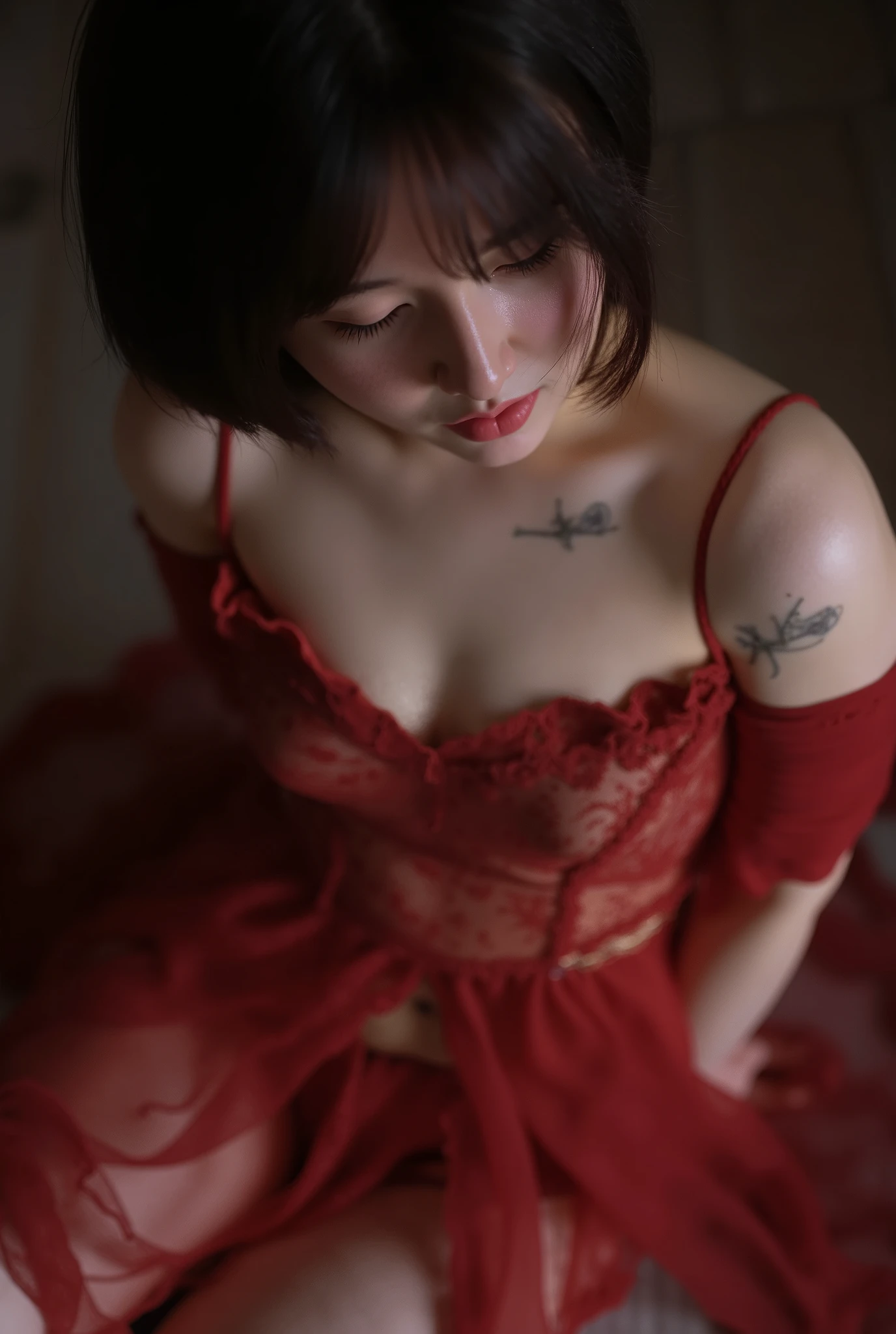 kneeling, from above, open mouth, Korean, (((brown hair))), reflected light, chiaroscuro, depth of field, cinematic lighting, ray tracing, Sony FE GM, UHD, super detail, masterpiece, textured skin, high detail, best quality, award winner,3D,hdr(HighDynamicRange), Ray tracing,NVIDIA RTX,Hyper-Resolution,Unreal 5, Subsurface scattering、PBR texture、post process、Anisotropy Filtering、depth of field、maximum definition and sharpness、Multi-Layer Texture、Albedo and Speculares map、Surface coloring、Octane rendering accurate simulation of light-material interaction、Two-color light、large aperture、red off the-shoulder's wedding grown dress、rules one third、8K raw data