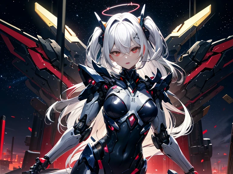 masterpiece,best quality,ultra-detailed,very detailed illustrations,extremely detailed,intricate details,highres,super complex details,extremely detailed 8k cg wallpaper,cowboy shot, caustics,reflection,ray tracing,demontheme,nebula,dark aura,cyber effect, (1girl:1.4),solo,alone,mecha musume,mechanical parts, robot joints,single mechanical arm, headgear, mechanical halo,star halo,intricate mechanical bodysuit, mecha corset, full armor, very long hair,white hair, hair between eyes, multicolored hair, colored inner hair, red eyes,glowing eye,eye trail, random expressions,random action, ancient japanese architecture,pond, starry sky,skyline,