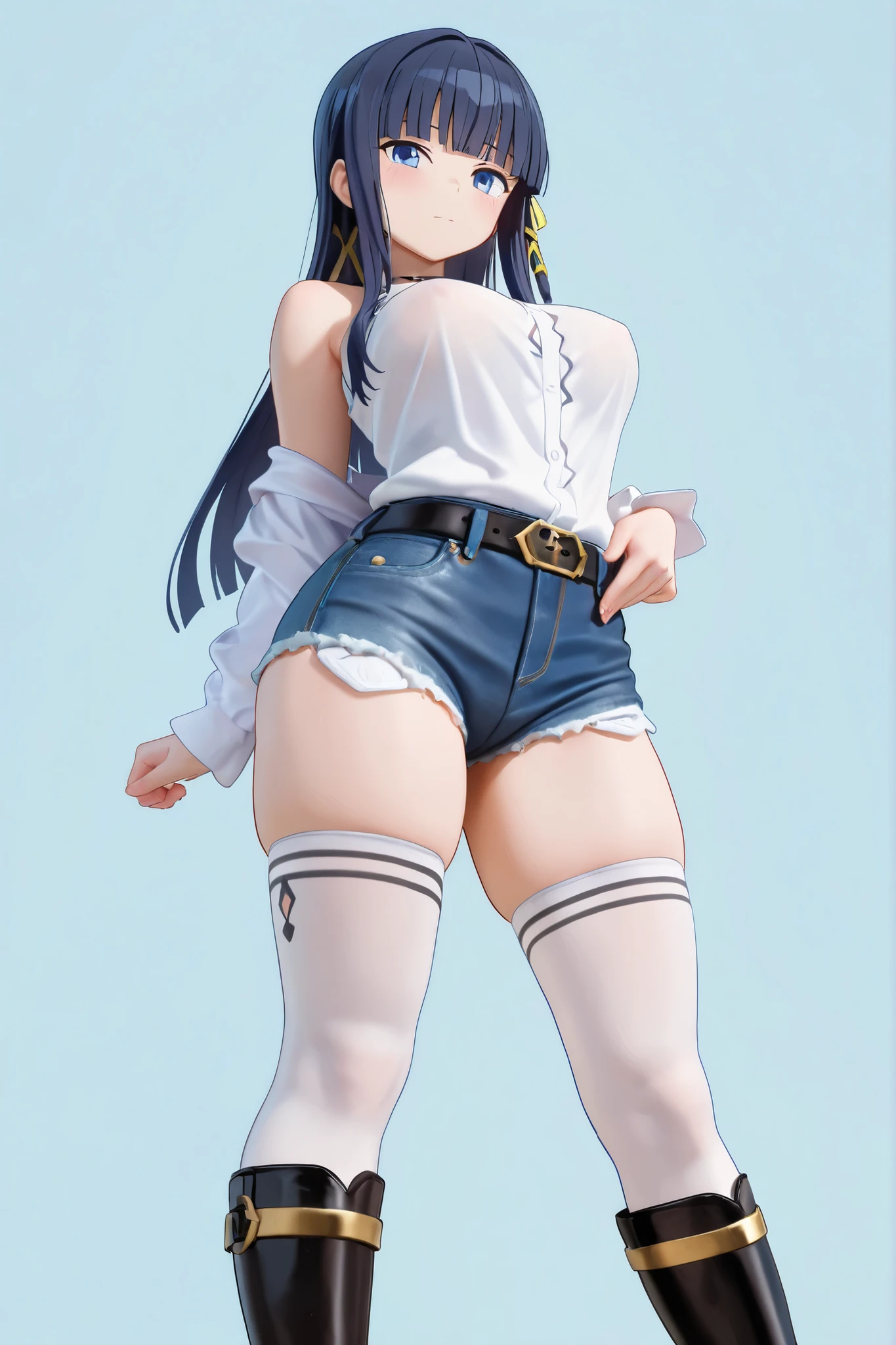 Raiden Mei, Black Sexy Underwear, White Shirt, Cleavage, Silver High Heels