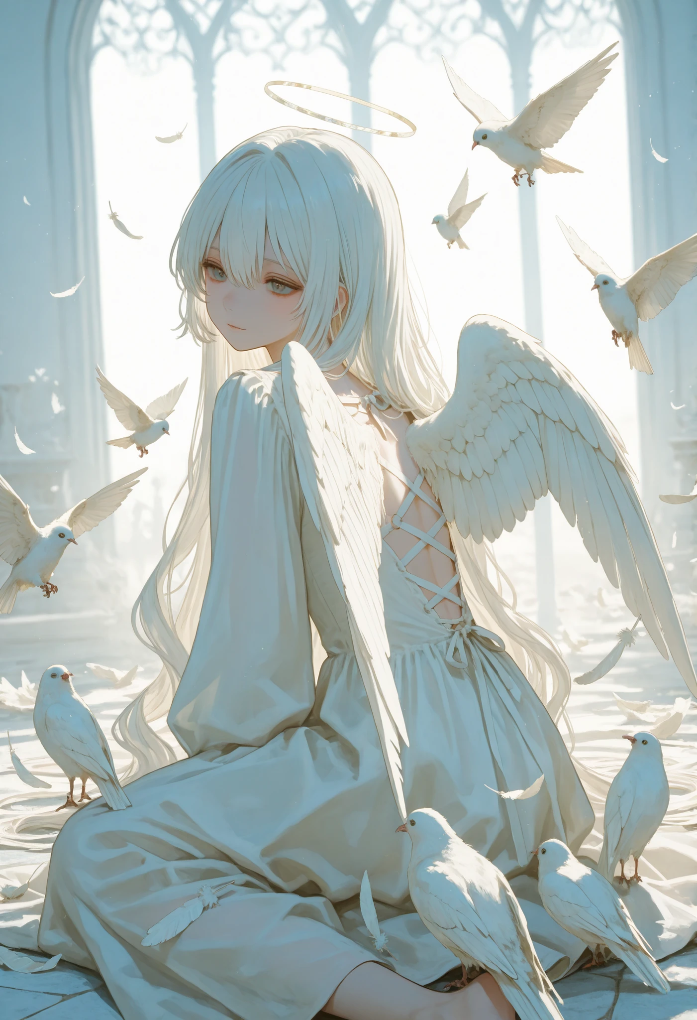 Beautiful, cartoon, Anime girl with angel wings and halo on head, white hair,Pale Young Ghost Girl, Eyes that glow white, Fuzzy Ghost, with white long hair,
