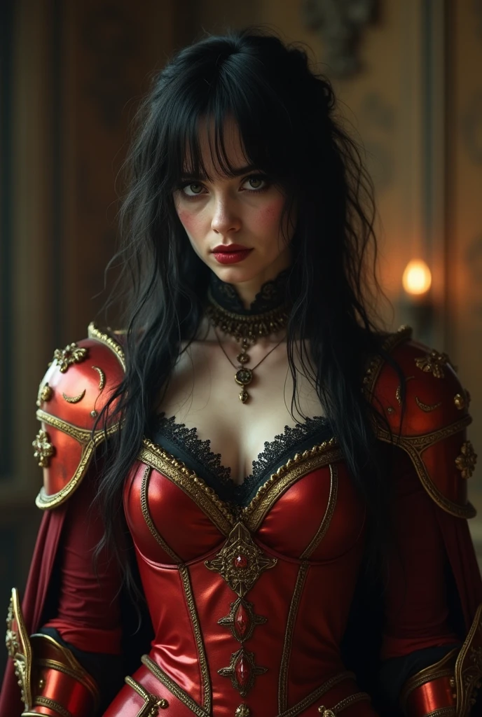 1girl, (full body:0.8), fashionable, stylish clothing, detailed face, looking at viewer, shoulder, fur clothing, cleavage, editorial photography, realistic, realism, detailed intricate futuristic badge, detailed metal texture, intricate ornate filigree, crytal glass, bright led lighting, emblem, ultra hd, 4k, 8k, (red theme:1.4), (13yo, cute:1.2), (breasts:1.2),