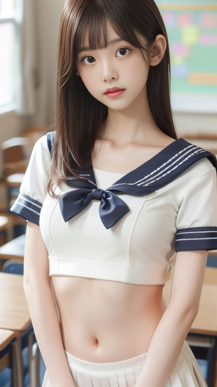 最high quality、high quality、best image quality、8K、最High resolution、High resolution、最high quality、masterpiece、Raw photo、whole body写真、Realistic human body with detailed details、Realistic skin in every detail、Realistic face in every detail、Realistic eyes down to the details、Realistic lips in every detail、Realistic teeth in every detail、Realistic ears with attention to detail、Realistic hair with detailed details、Realistic arms with attention to detail、Realistic hands with attention to detail、Realistic fingers with attention to detail、(fine hands、thumb１reference４)、Realistic legs with attention to detail、Realistic feet with attention to detail、((beautiful Japanese girl))、(Japanese model), (Japanese woman)、((18 year old beautiful girl))、(black hair)、(straight hair)、((whole body))、((Beautiful upward facing breasts))、(slim style、slender style)、(whole body光沢肌、Fair skin)、Detailed and realistic human body、detailed realistic skin、detailed realistic face、detailed realistic arms、detailed realistic fingers、Detailed realistic feet、soft natural light、sailor suit、、junior high school、high school、Junior School、Japanese 、((transparent see-through(クロストップsailor suit、Sailor Mini Skirt))、((in the school classroom(Pose that makes your thighs look beautiful))