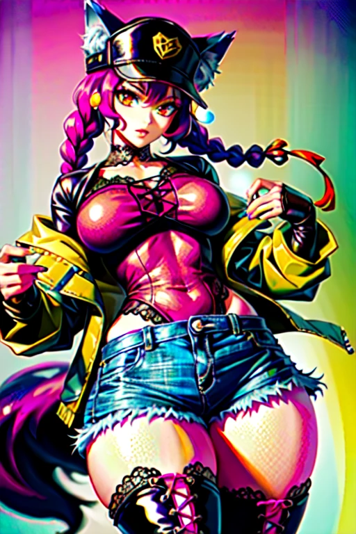 Kyoto Punk, Cyberpunk, Anime style, 1 Girl, Miss, Punk bad girl, (((Cleavage))) Camel toe, [:wilderness, Attractive costume design,:0.2], Heavy Punk Hair, Neon Sunset Hair, U-shaped cutout, Denim skirt, bombshell hair, Neon crimson hair, French Braid,Three braided bun, Thick thighs, Willow Waist, Japanese