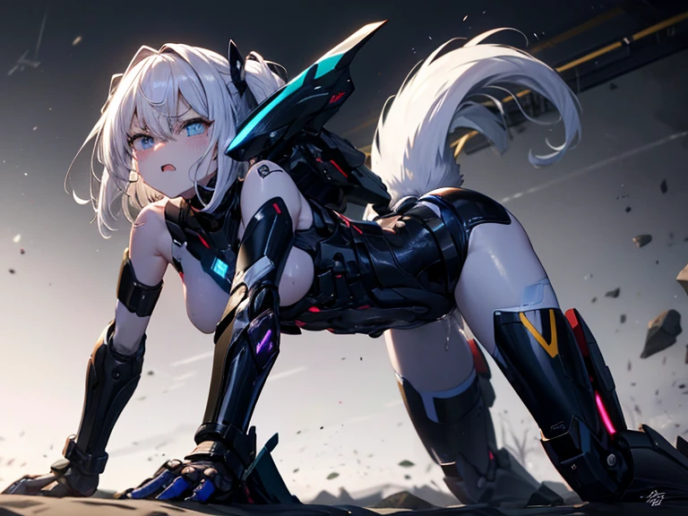 (Fox Girl, Fox Ears, Silver Hair, Fox Makeup, One Woman, Long Hair:1.6), (mecha musume, Machinery Parts,Robot Joints, Red clothes, I can see her cleavage, Skin is visible:1.8), (Body measurements are 75-60-75!, Young girl body, Small breasts, Emphasize the chest, Standing posture, Plump, muscle:1.9), Avatar, face, lewd face, Dominant representation, naughty face, Uplifting, Skin Texture, outside, Grassy field