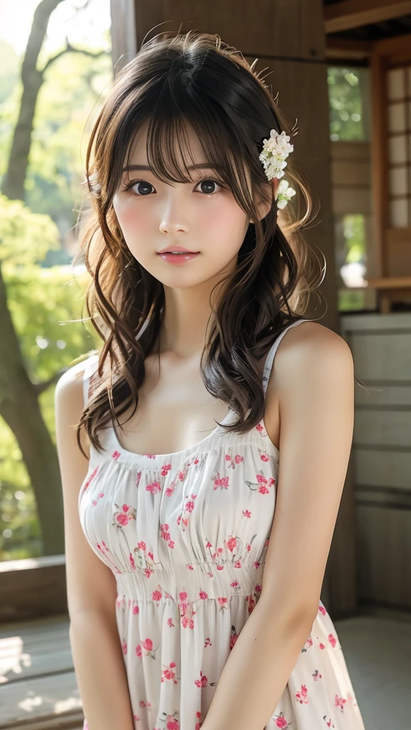 Medium display, Medium Shot, Written boundary depth, bust, Upper Body, Movie angle, masterpiece, Highest quality, Very detailed, CG, 8k wallpaper, Beautiful Face, Delicate eyes, Otome, alone, smile, bangs, skirt, shirt, have, Crimson Dress, bow, petal, bouquet