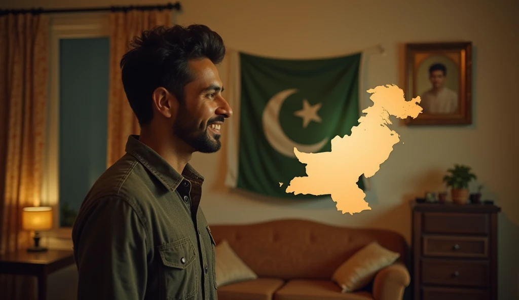 A handsome boy aged 30 years sitting on white and green sofa with a Pakistani flag in his hand and a name Abdul Basit is permanently paved on back wall with beautiful light as a wall decoration and plus Pakistani flag