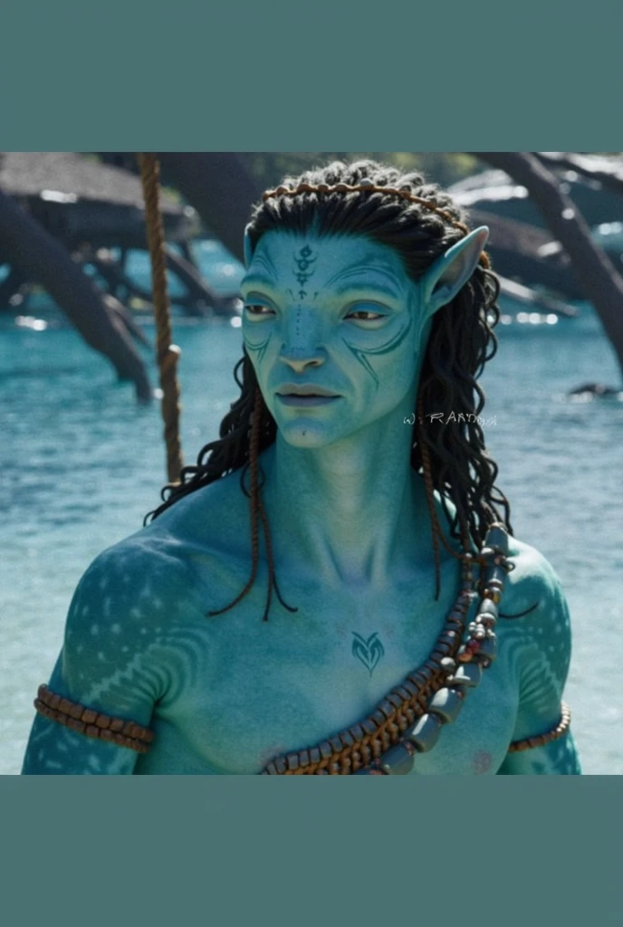 avtr:1.1, avatar style, portrait:1.6, 1boy, male, (AvAonung), (blue skin tone:1.0), (long curly hair in a bun hairstyle:1.0), black hair color, blue eyes, (young adult), 18 years old:1, face wrinkles, wearing tribal clothing, detailed eyes, toned body, muscled body, vibrant colors, glowing, ethereal atmosphere, surrealistic dreamy lighting, textured skin, otherworldly beauty, mesmerizing photography, (best quality, highres), vivid colors, ultrarealistic, skin details, striped skin, sfw, face close-up:0.5, ultradetailed body