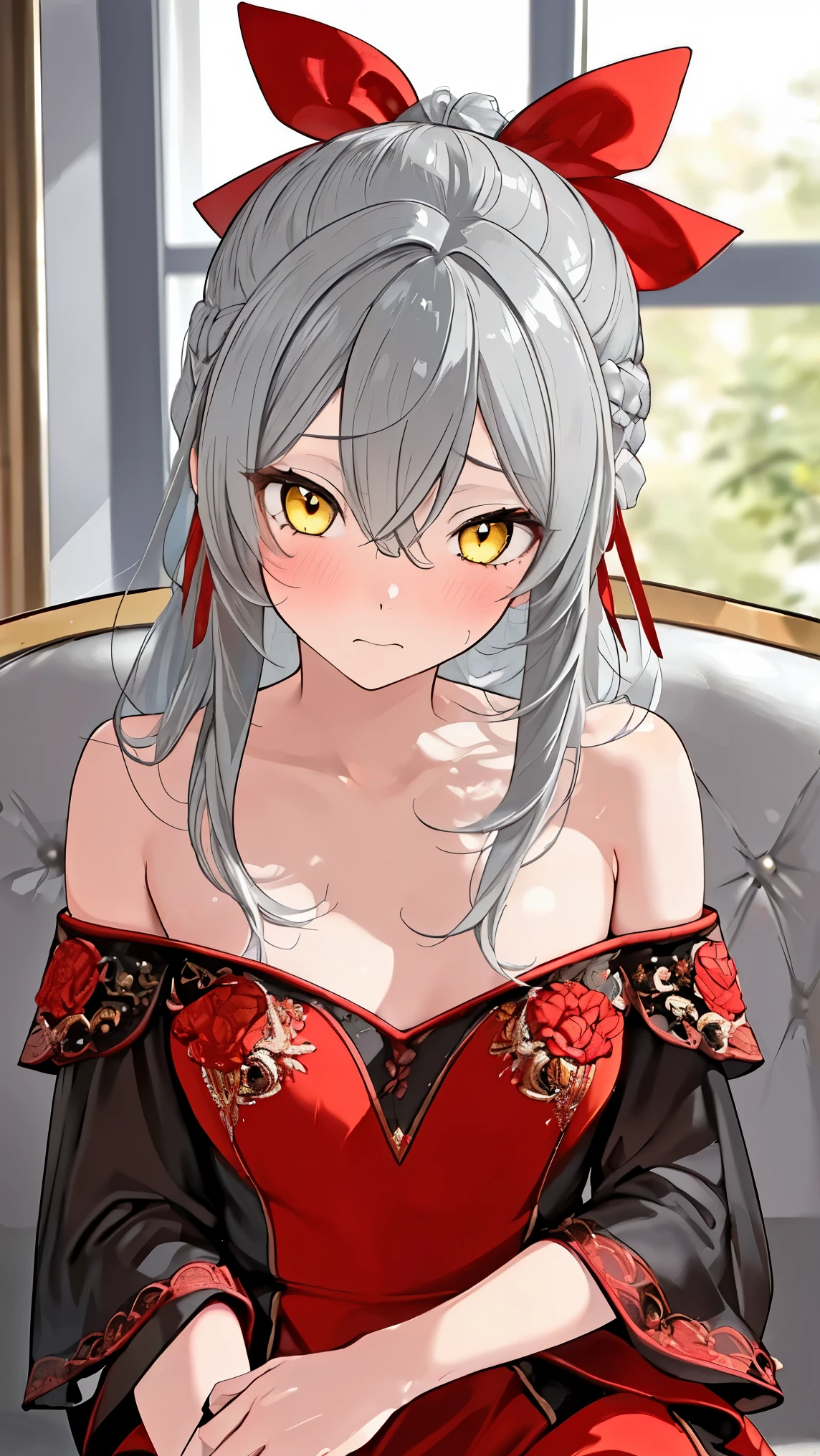 8K (high resolution) (Super Detail) (masterpiece) (Highest Quality) detailed eyes detailed face detailed hands Delicate hair detailed wrinkles on clothes very elaborate body standing across a window fine skin (solo) early yellow eyes (Grey Hair) long hair red ribbon on the side of the head ( small ) flushed cheeks embarrassed expression gorgeous dress off shoulder sitting on the couch see here