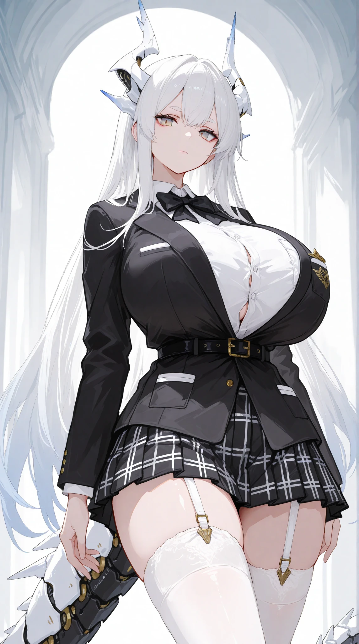 Mommy messy silver gray hair huge with very big and huge breasts with bra black tactical uniform pleated skirt with trench coat