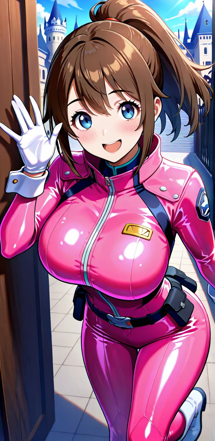 best quality, high resolution, haradamakoto, green eyes, pink bodysuit belt thigh boots ,(huge breasts:1.2), blush, (embarrassed), smile, darkbrown hair, bobcut