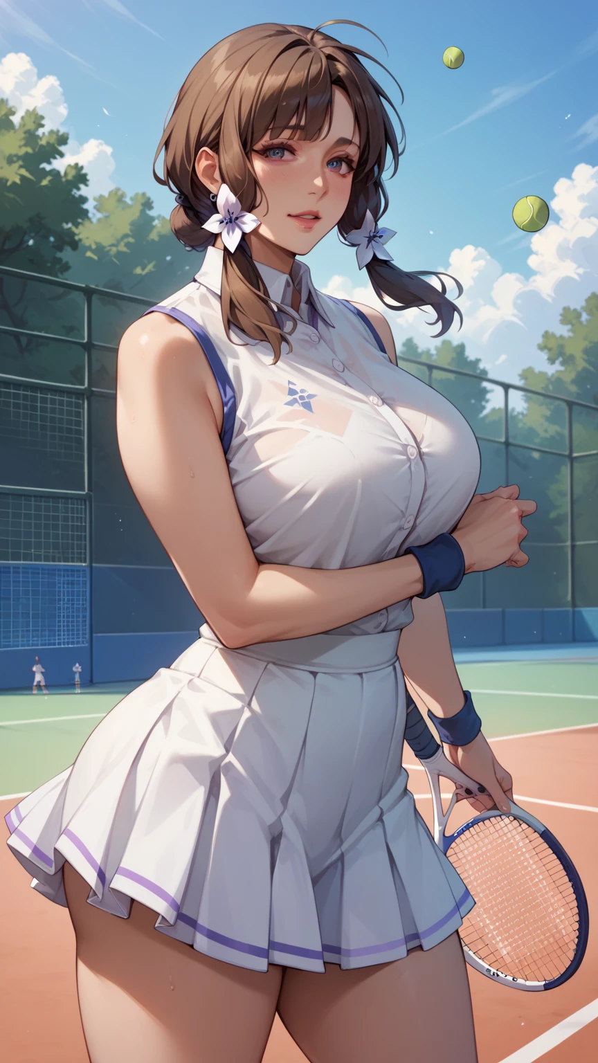1girl, solo, long hair, breasts, looking at viewer, blush, bangs, skirt, large breasts, brown hair, shirt, black hair, holding, cleavage, bare shoulders, brown eyes, jewelry, closed mouth, collarbone, sidelocks, thighs, pleated skirt, outdoors, sleeveless, day, necklace, blue skirt, sleeveless shirt, wristband, blue headwear, sportswear, visor cap, tennis uniform