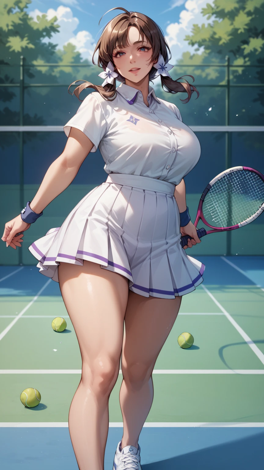 (masterpiece、Highest quality、))、beautiful detailed eyes 、ultra-detailed、 , Gray Hair、Ahoge、Long Hair, Blue eyes、ponytail 、big breasts、blurry background、bashful、pinup, play tennis, (swing tennis racket:1.1), wear tennis uniform, in Tennis court, (moving:1.2), tennis ball, hit the ball with a racket, some players、Panty shot、windy,floating hair、floating skirt、open clothes、cleavage、spread legs、sweat,see-through,one eye closed,