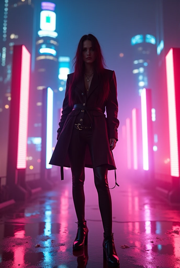 RAW photo,  a fashion model, walk on runway, cyberpunk fashion, (photo-realistic:1.5), (RAW photo, 8k uhd, film grain), extremely delicate and beautiful, highres, sharp focus, extremely detailed, masterpiece, cinematic lighting, (high detailed skin:1.2), dslr, soft lighting, high quality, film grain, Fujifilm XT3