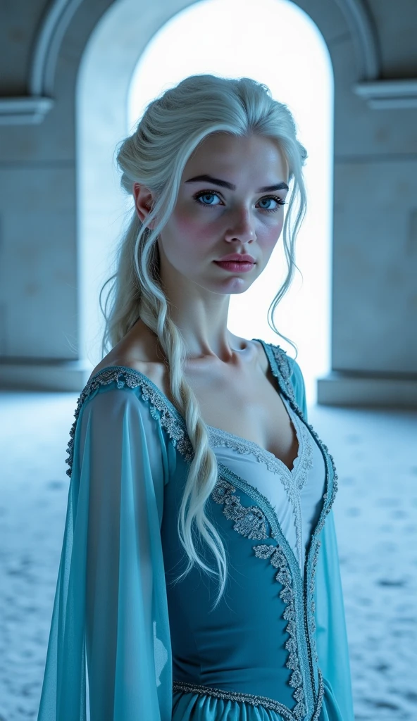 Beautiful girl, blue eyes, white hair, detailed facial traits, dressed like Ciri from Witcher, tavern, its nighttime, sexy pose, naked chest