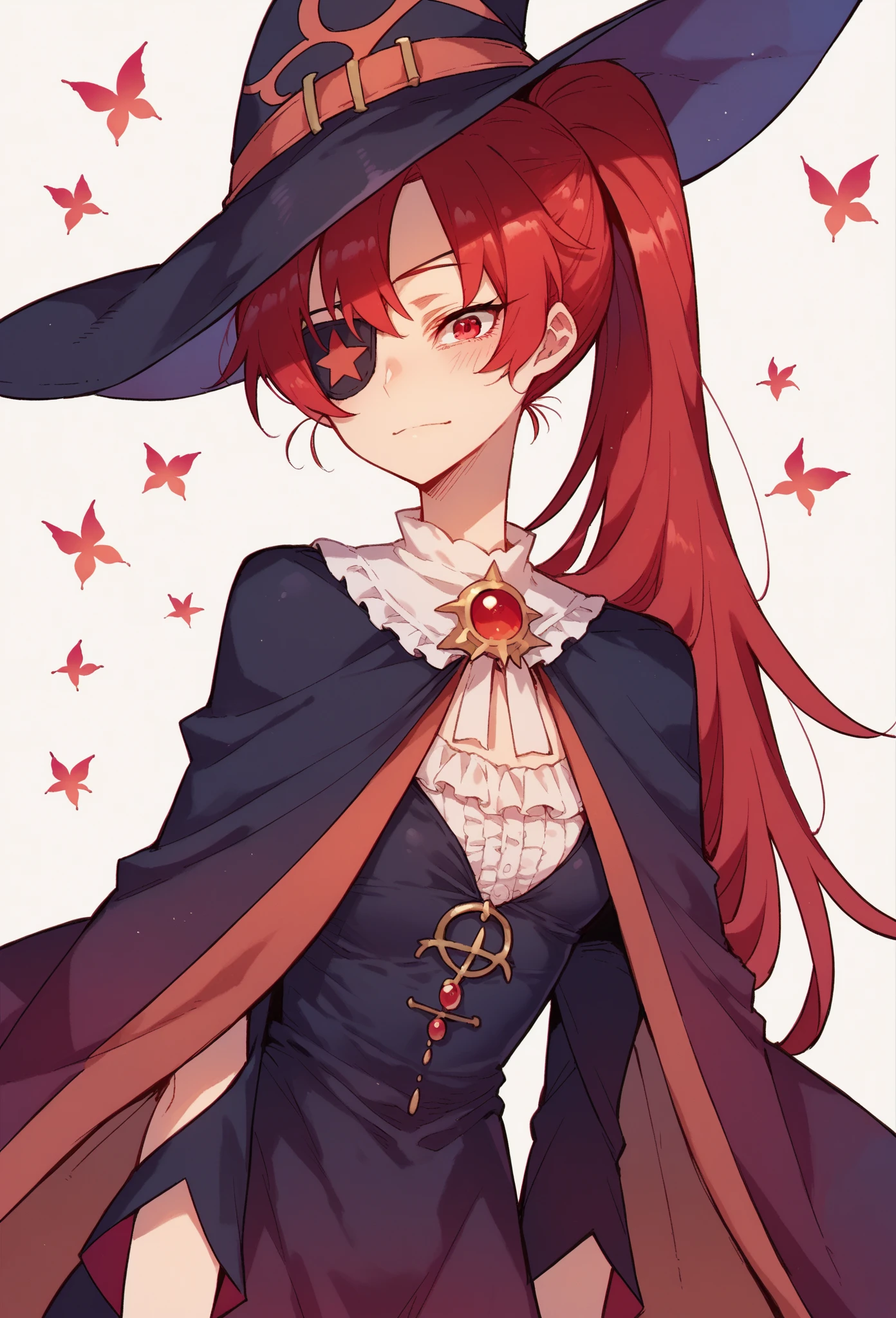 Masterpiece, best quality, 1 male, ager, delicate eyes, long red curls, delicate face, intricate details, smile, gentle smile, black witch dress, wizard hat, dark night, red moon, black background,, bare shoulders