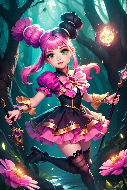 In a cartoon scene, a fairy girl appears in a pink dress, smiling like a fairy queen. She is a pixie character, a non-binary spring deity known as the Astral Fairy. Featured in today's anime, in the anime film, the charming Faerie fairy, Junko Enoshima, performs a fairy dance. The anime is ethereal, daytime and has elements of yami kawaii. It's a high-quality anime movie. Official art depicts the fairy with curly hair and vampire teeth. --auto --s2
