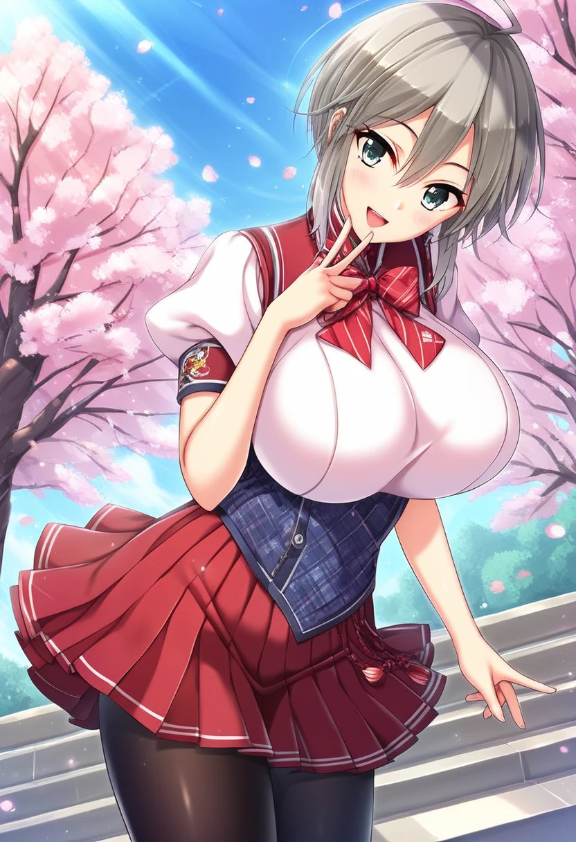 (Huge breasts、Cleavage:1.9),Kitasan Black(Horse Girl),Huge breasts,smile、(school uniform)、Cherry blossom trees、Outdoors、A large number of people、(Putting on a collar:1.5)、Earrings、Earrings、bracelet,(masterpiece, Highest quality, Highest quality, Official Art, beautifully、aesthetic:1.2), (Super detailed)、(Nipples:1.5),navel piercing,Shaved,Open your mouth,(Steam is coming out of the body:1.5)、Cleavageがある,(Cowboy Shot)、(Beautiful Face:1.5)、(Shirt lift:1.5)、flipping clothes,Upper Body、Exhibitionism,Short skirt、Skirt flipped up、White lace pants、garter belt,Highest quality、Animal ears、Breast milk is coming out、White micro panties、((Exposing the breasts))、(nsfw:1.5)、bright、 exposed、A large number of people、crowd、Sticking out tongue