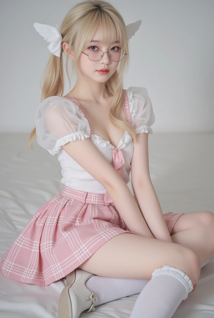 masterpiece, best quality, high quality, High definition, High quality texture, High quality shadow, high detail, beautiful detailed, finely detailed, extremely detailed cg, detailed texture, a realistic representation of the face, realistic, colorful, delicate, sharp focus, (intricate details, makeup, PureErosFace_V1:0.5), (detailed beautiful delicate face, detailed beautiful delicate eyes, a face of perfect proportion, high detailed skin, detailed skin, best ratio four finger and one thumb, skiny and thin:1.3), 1girl, 17 years old, tall, (smooth_abs:1.55), (abs:0.5), pretty, masterpiece, highres, (long_skinny_legs), (straight_legs), (skinny_waist), (((fair skin))), white skin, (((pale skin))), pink sports Bandeau, (school_uniform:swim_suits:0.5), white shorts, standing legs apart, looking at viewer, pink sports shoes, glasses, (Emma_watson), big_breast, (((Caucasian))), Light blonde hair, pink and white, sakura leaves