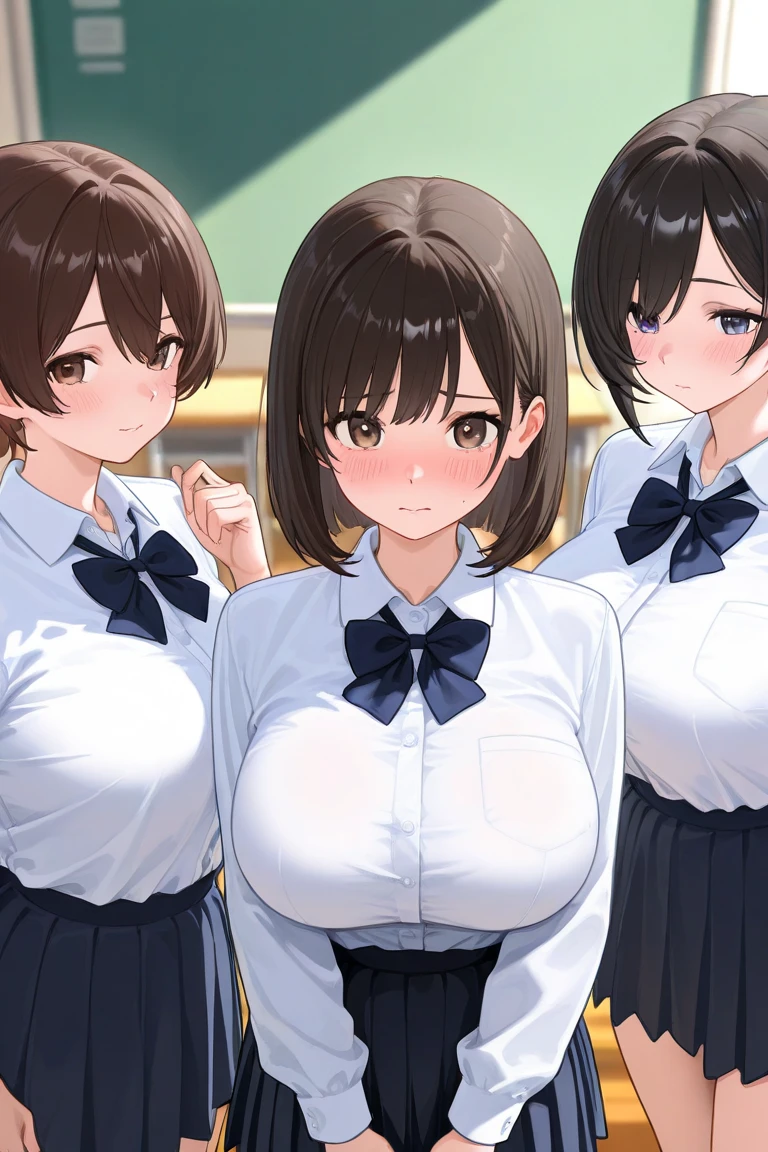 ((Highest quality, 8K, masterpiece:1.3)),Three Women、3girls、 sharp:1.2, Beautiful woman with perfect figure:1.4, Slim Abs:1.2, ((Huge boobs:1.5,sagging breast:1.5)),Highly detailed face and skin texture,Detailed eyes,double eyelid、Blonde、Bobcut、Bob Hair、Pale blue eyes、Brown Hair、ponytail、Black Hair、Hair with a loose perm