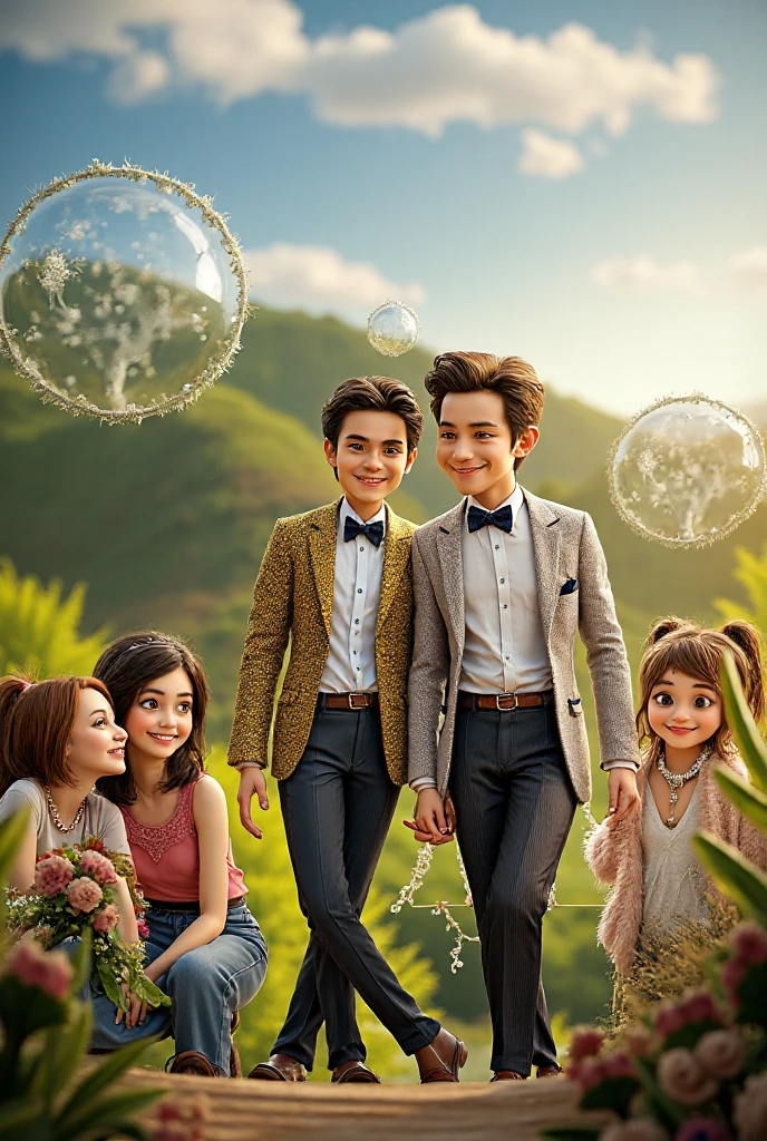 On left side a sexy European man with suspenders and, in middle a gril with beautiful fashionable purple dress and silver straight hair, on right side a cute Korean man with overcoat. All of them of same height. Entire family at background