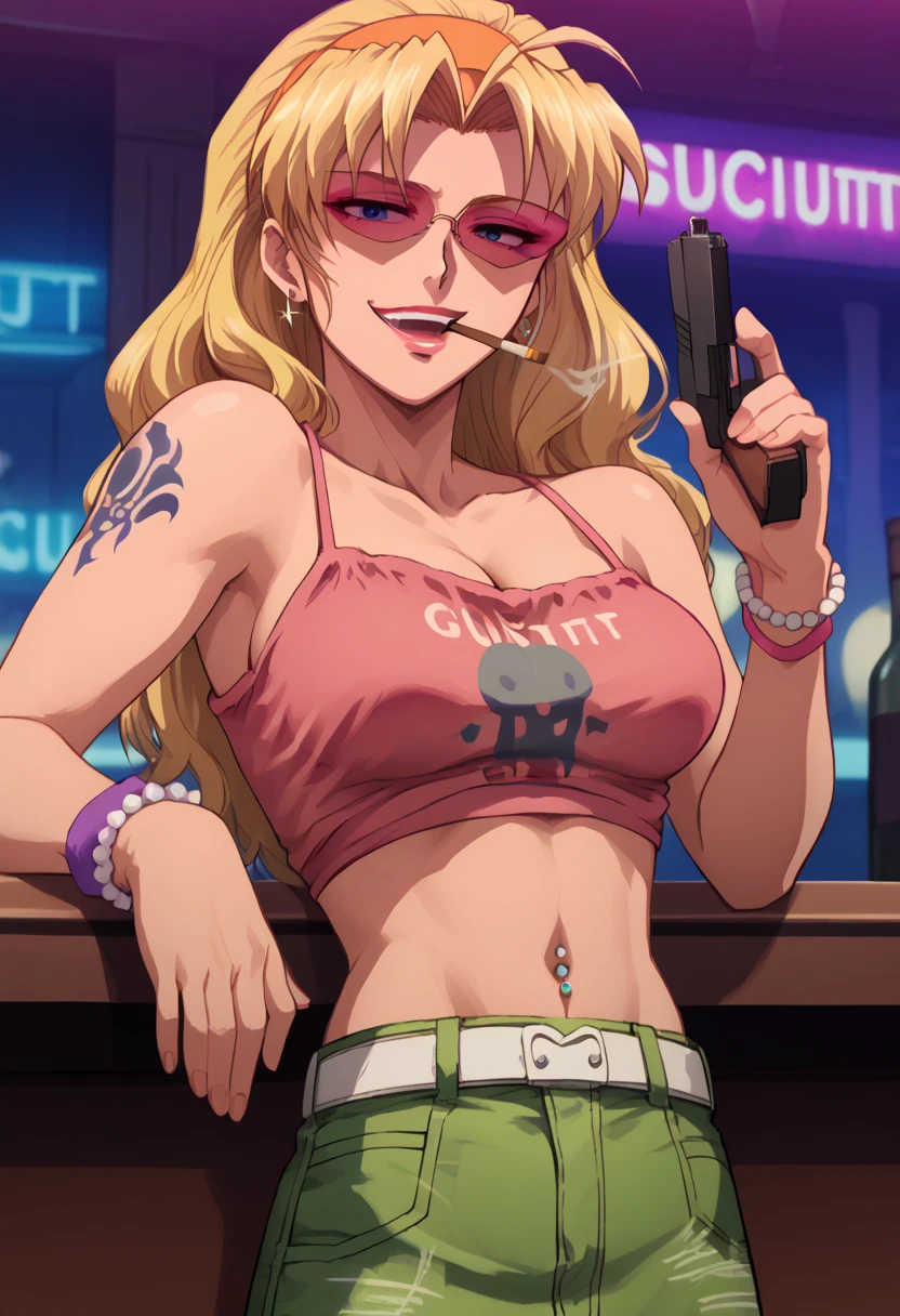  yumiif, blue jacket, choker, blonde hair, brown hair, multicolored hair, solo, 1girl, earrings, necklace, large breasts, long hair,, blush, lipstick, Hot girl, baddie, staring, glaring, bad attitude, mean girl, crazy, smoking, sensual, attractive, bar background, inside bar, indoor, makeup, black eyeshadow, detailed hair, detailed face,  perfect eyes, perfect face,  jewelry, earrings, masterpiece,high quality,4k, bare shoulder,belly,crop top,holding pistol,cleavage,casual dress, bar
background, inside bar, indoor,smile, open mouth, (nsfw) not safe for work, evil expression, exposed
belly, exposed navel, exposed midriff, exposed lower belly, crop top overhang, underboob,
unbuttoned jeans , low rise black jeans, Low rise jeans, Low rise jeans with open fly, navel piercing