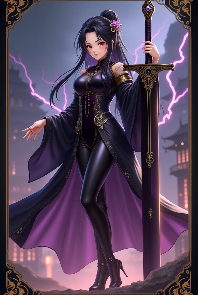 full body, 42-year-old female, older female, mature female, chinese, korean, lipstick, black hair, toned, thick thighs, big breasts, wide hips, big hips, athletic, small waist, ladder-cutout criss-cross purple satin short dress, high quality, highres
