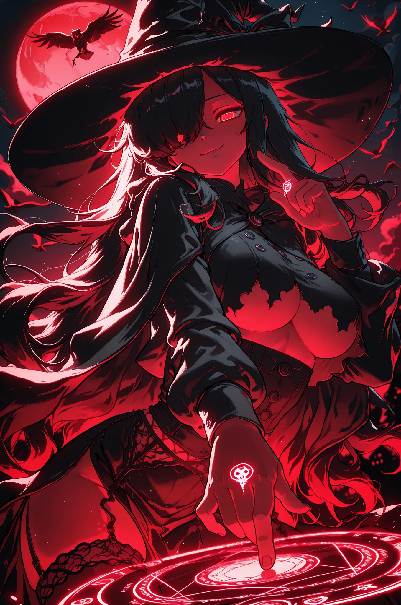 masterpiece, best quality, amazing quality, very aesthetic, absurdres, scenery, depth of field, cinematic, cinematic lighting, cinematic shadows, cinematic composition, atmospheric lights, artist:(wlop:0.8), (reoen, shixuexiao:0.5), (rei \(sanbonzakura\):0.9), (maccha (mochancc):1.1), 1girl, Kuroki Monika, black hair, very long hair, hair over right eye, red eyes, large breasts, (petite but curvy, very cute), glowing eyes, witch hat, black ribbon, black cloak, intricate dress, garter belt, underboob, solo, neon_silhouette_style, silhouette, monochrome, upper body, smile, squinting eyes, leaning forward, dynamic angle, from below, (foreshortening:1.3), dynamic pose, (red magic circle on finger:1.2), flying skulls, crows, night, outdoors, gradient red moon, gradient sky, clouds, blurry, chromatic aberration, glitch, colored lighting,