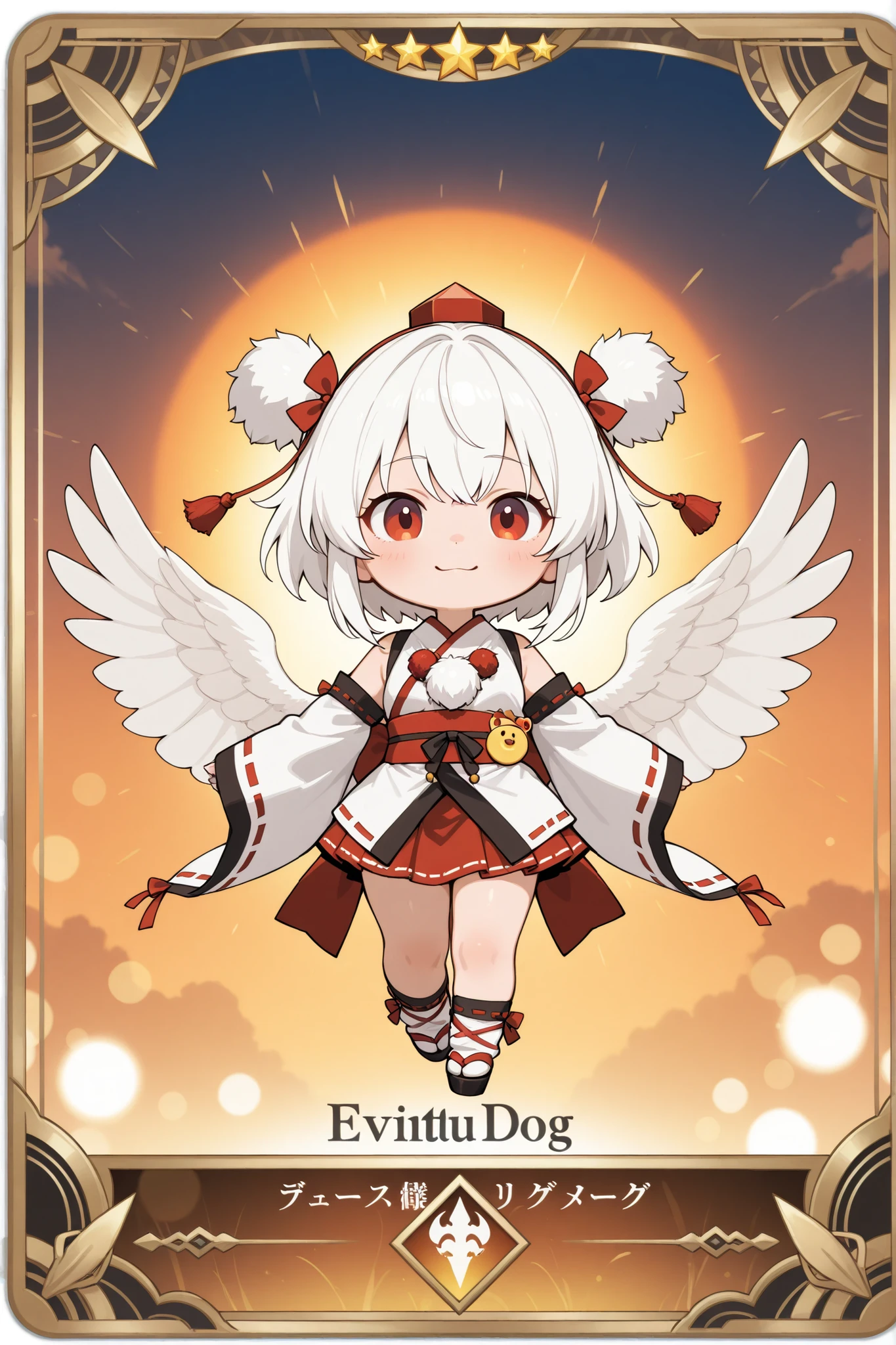 trading card, handwritten illustration, Tasteful style of painting, Attack power and defense power, Chibi Characters、cute tengu girl, Sky Dog Decoration, tengu costume , Tengu no Tsubasa, Tengu clogs, white hair red mesh, yellow porn, boyish, High Quality, Masterpiece, extreme detail, Photographically Realistic, HDR, UHD, Studio Lighting, HYPER DETAIL, professional, vivid colors, Bokeh, Warm colors, fantastic atmosphere