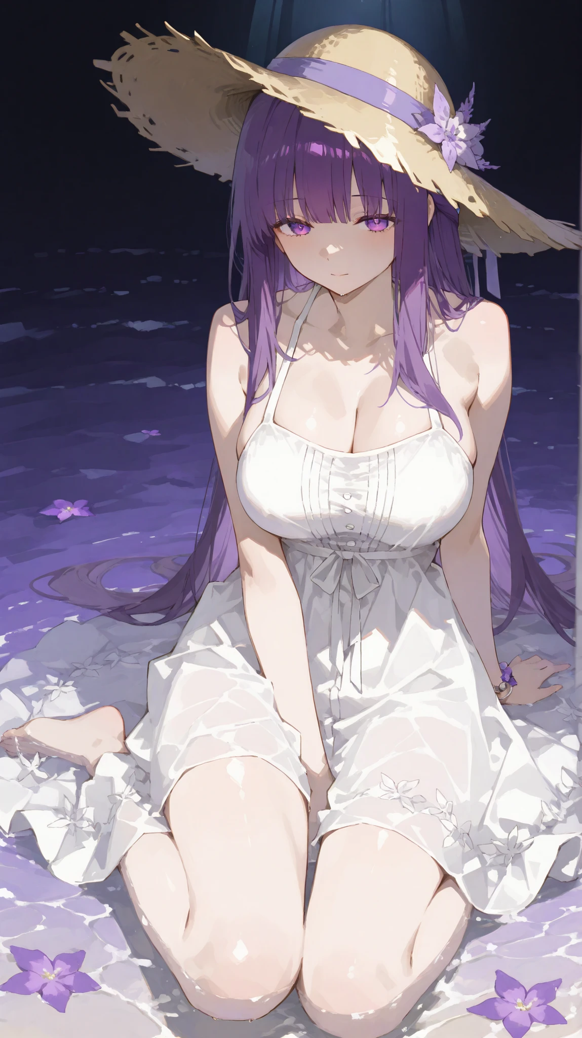 purple long hair、fern、Big Breasts、 long breasts、white dress、Seaside、summer、straw hats、girl playing in shallow water、 backlit、The dress is illuminated by light and is transparent、full body、soft light、, gentle expression、Quiet atmosphere、
