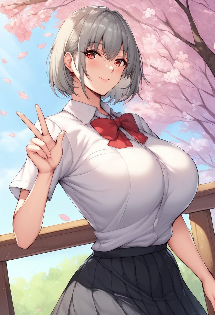 masterpiece, best quality, ffnoel, short hair, x hair ornament, green eyes, blue bowtie,smile, outdoors, cherry blossoms, standing, cowboy shot, open mouth,nude,nude,cowgirl sex