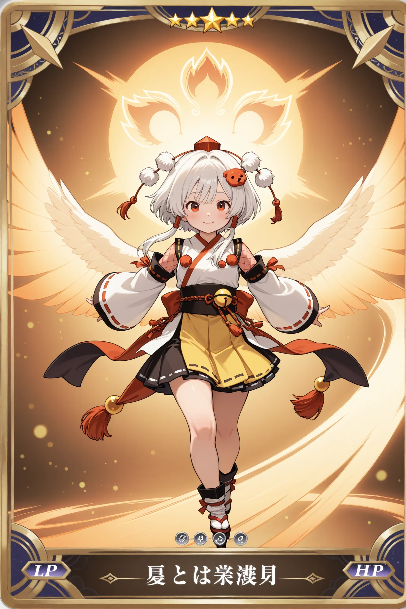 trading card, hologram、handwritten illustration, Tasteful style of painting, Attack power and defense power, Chibi Characters、cute tengu girl, Sky Dog Decoration, tengu costume , Tengu no Tsubasa, Tengu clogs, white hair red mesh, yellow porn, boyish, High Quality, Masterpiece, extreme detail, Photographically Realistic, HDR, UHD, Studio Lighting, HYPER DETAIL, professional, vivid colors, Bokeh, Warm colors, fantastic atmosphere