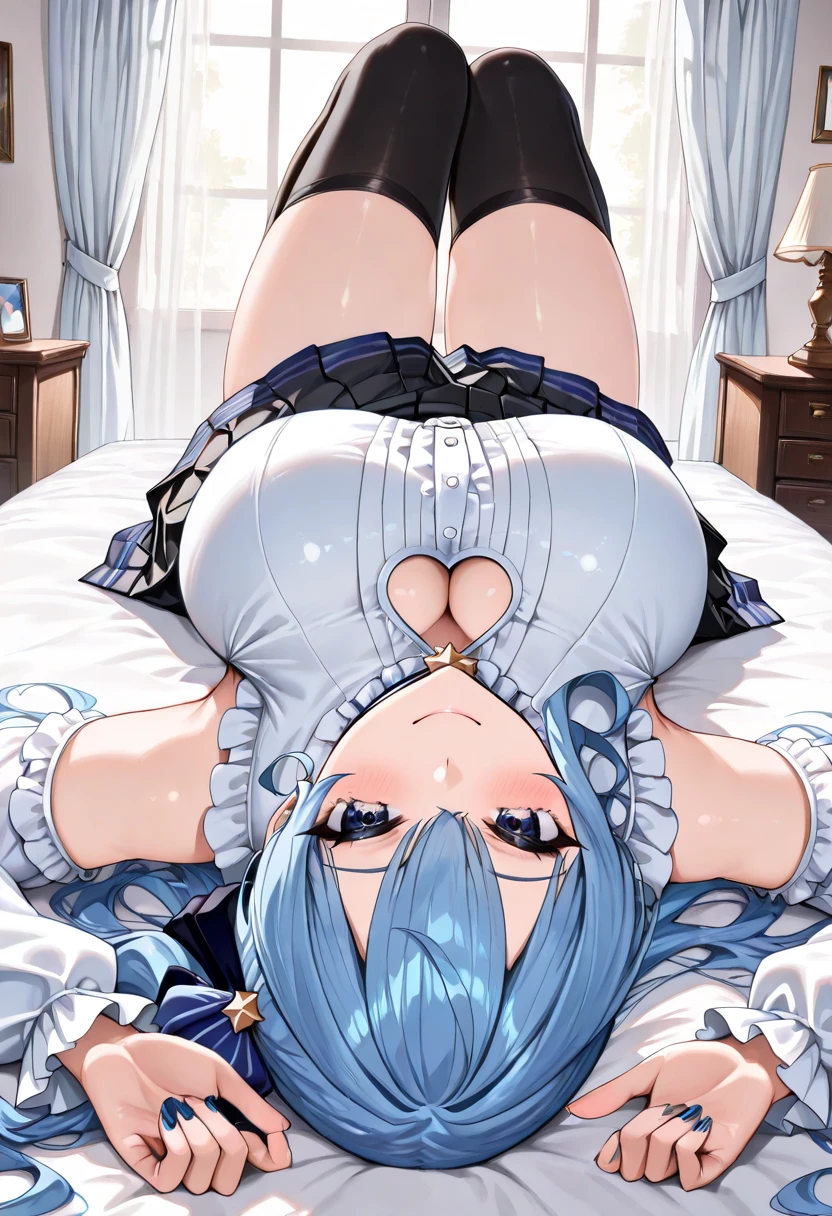 NSFW,masterpiece,Highest quality,High resolution,Super detailed,Star Town Suisei\(Hololive\),Blue Hair,One Side Ponytail,Blue Eyes,Small breasts,White leotard,High leg,Removable sleeves,Micro Mini Skirt,garter belt,belly button,Brothel,Brothel,Luxury Bedroom,Embarrassed,Expectant expression(Strong-faced men),Lying down,Lying on your back,Raise your arms,Leg spread,(Body touch),(caress)
