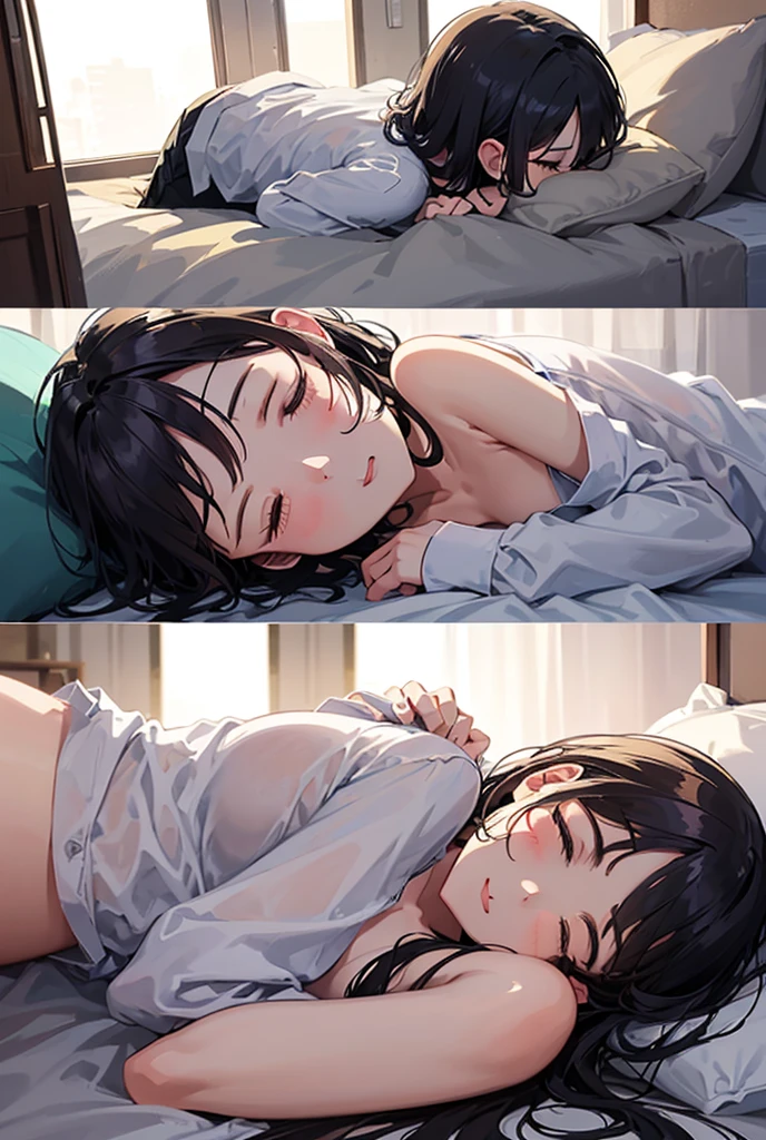 bed、Lying down、Backwards、((Push up your ass))、Big butt、Embarrassed face、((1 person))、(night)