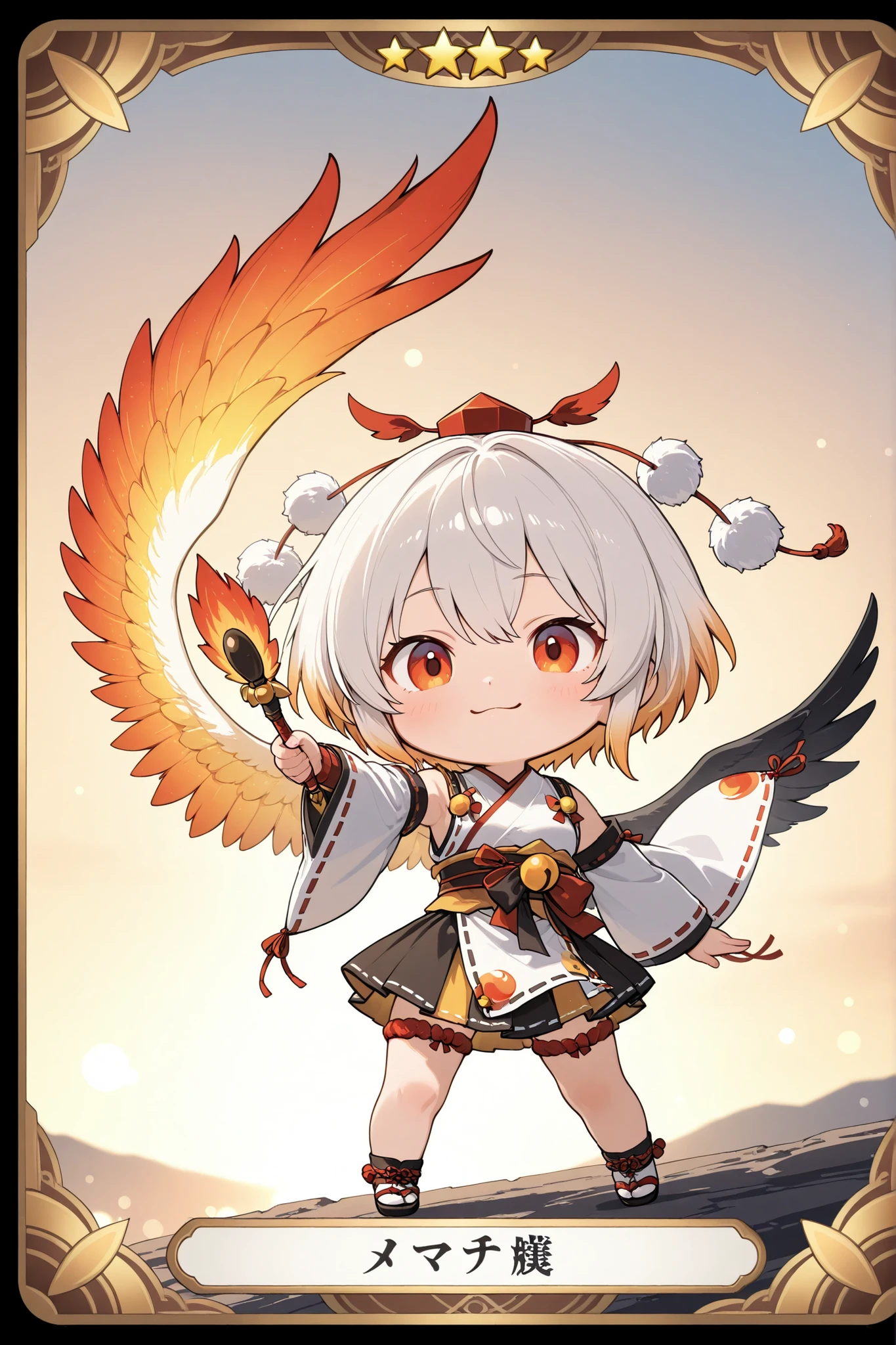 trading card, handwritten illustration, Tasteful style of painting, Attack power and defense power, Chibi Characters、cute tengu girl, Sky Dog Decoration, tengu costume , Tengu no Tsubasa, Tengu clogs, white hair red mesh, yellow porn, boyish, High Quality, Masterpiece, extreme detail, Photographically Realistic, HDR, UHD, Studio Lighting, HYPER DETAIL, professional, vivid colors, Bokeh, Warm colors, fantastic atmosphere