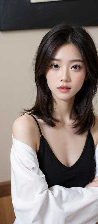 Create a (( mid-shot )) photorealistic image of a beautiful Asian woman with fair, smooth, flawless skin. She has large, round, sparkling eyes with naturally long and curled eyelashes, and well-defined, dark eyebrows. Her nose is straight and high, and her naturally pink, soft lips form a gentle smile. She has short, slightly curled brown hair that highlights her delicate facial features. Her face is oval-shaped, with a wide and high forehead, moderately high cheekbones, and a pointed, slender chin. (colored picture), (( )),((wearing white open shirt and black bra)), (()), As she confidently posing for camera, , studio light, gray background, full body
(( waist to top))