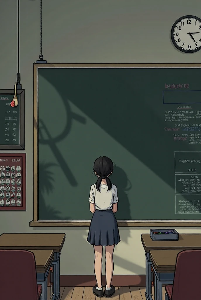 "An empty classroom with a foreboding atmosphere, dimly lit by a single, flickering overhead light. The room is otherwise dark, with shadows cast by the light on the walls and floor. In the center of the room, a large pentagram is drawn on the floor with chalk, surrounded by eerie symbols and candles placed at each point of the pentagram. The candles are lit, their flames casting a soft, trembling light that highlights the pentagram’s intricate details. Five girls are seated cross-legged on the floor within the boundaries of the pentagram. They are dressed in school uniforms, but their expressions are intense and focused, and their eyes have a strange, otherworldly gleam. Each girl holds a small, ritualistic object or tome, and they are chanting in low, synchronized voices. The desks and chairs are pushed to the sides, creating an open space for the ritual. The windows are covered with heavy curtains, blocking out any natural light. The overall atmosphere is tense and eerie, with a palpable sense of mystery and unease surrounding the ritual in progress."