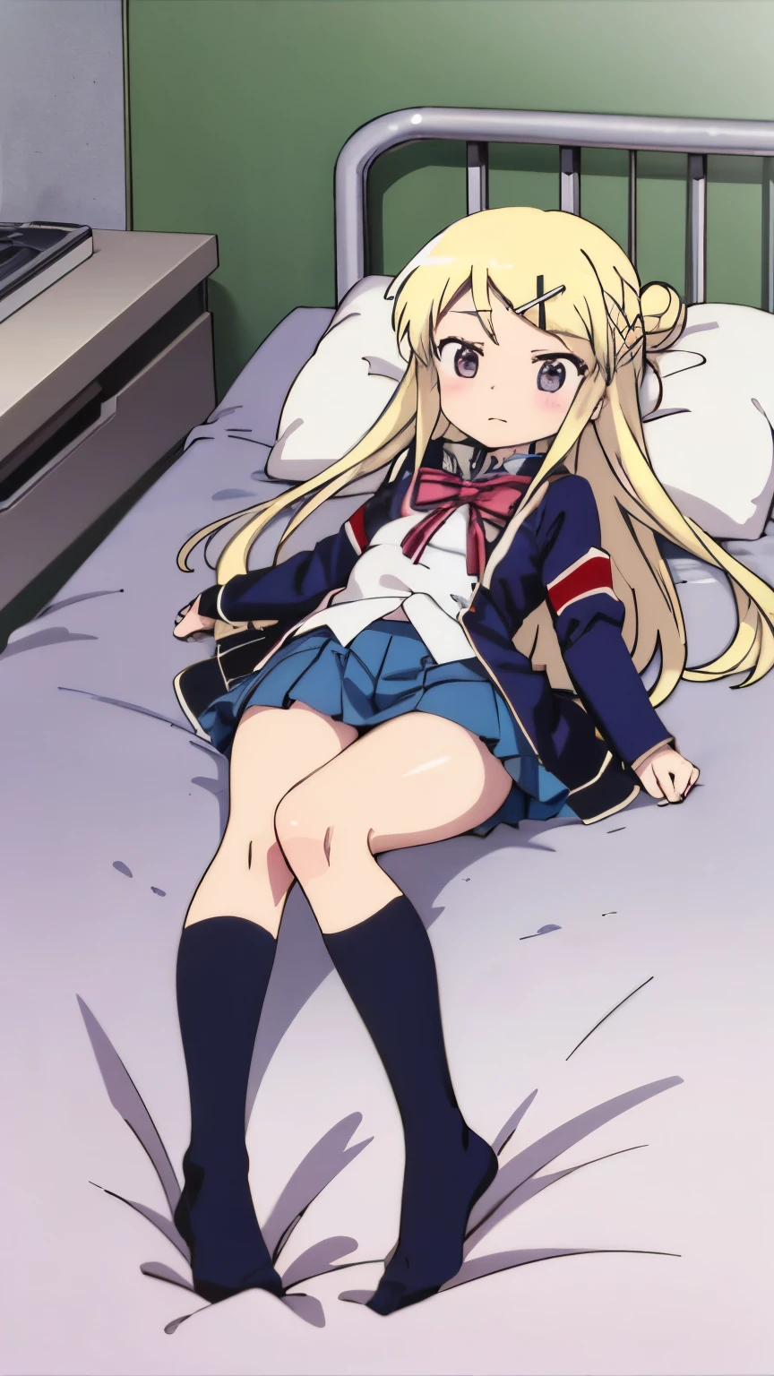 Beautiful long blonde hair　Spread your legs　Open your legs　Shyness　　Watery eye　　Tears overflow from my eyes　Small Tits　high school girl　Pleated skirt　Skirt lifted　fullbody　Low - Angle　　Lying in bed　diaper