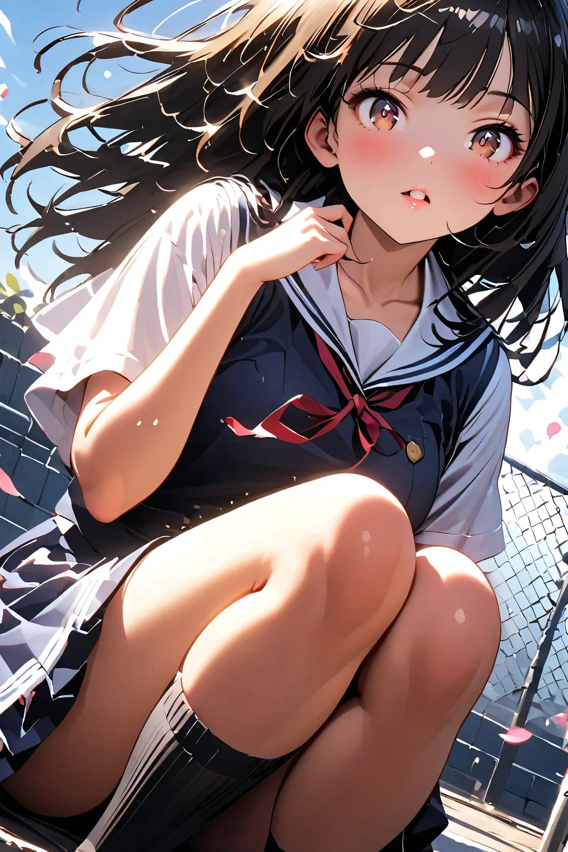 (masterpiece,Highest quality,超A high resolution), (((A very beautiful 25 year old girl))), 、View the photographer､  ((smile)), Super cute face, Glossy lips, Double eyelids on both eyes,Natural smile、 Natural Makeup, Long eyelashes, Shiny and smooth hair､Center image,  Perfect limbs, Perfect Anatomy,((Sailor suit)))、,(Wet with sweat),playground,,Cute pose,Short Hair,