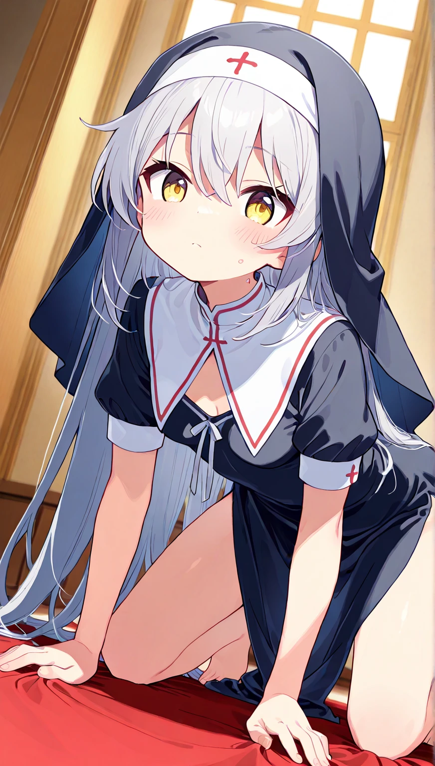 (best quality, masterpiece:1.2), ultra detailed, extremely detailed eyes and face, natural skin texture, detailed skin, natural lighting,
chibi, 1 girl, 12-years-old, (cute),
silver hair, middle hair, straight hair, shiny hair,
flat chest,
nun,
BREAK (orgasm face, closed eyes, aroused, open mouth, gasp, blush cheeks, saliva trail:1.2),
BREAK (vaginal penis:1.2), (a man), hetero, (girl sit astride on man), (girl on top), (girl spread legs), (intense Sex:1.7), (cum out:1.2),
bedroom, bed, from below,