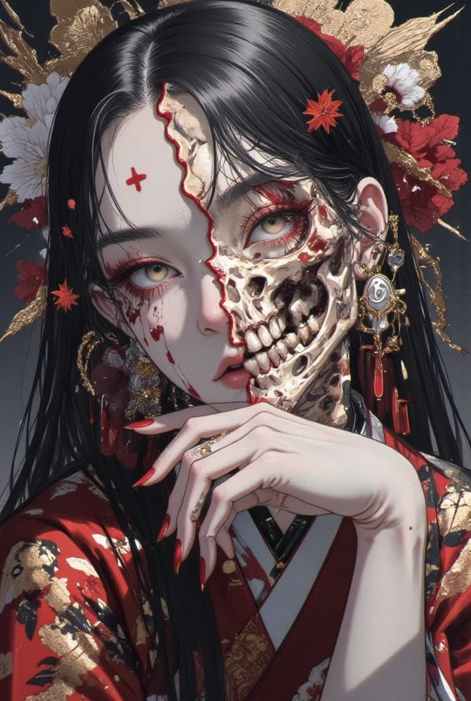 Masterpiece、Highest quality、Realistic photos、Thick Fog、A beautiful Japanese girl in a very elaborate red kimono、((((Holding a pure white skull、one Skeleton hugging))))、(((She spreads her legs to show her beautiful vagina)))、((Red background))