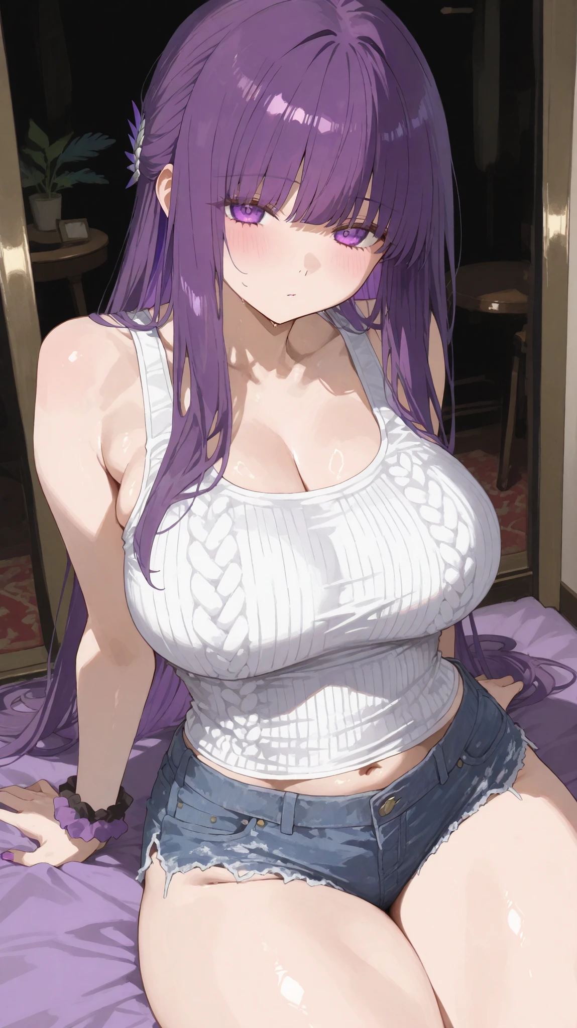 最高masterpiece、Wolf Girl, Large Breasts, Voluminous light purple hair, masterpiece , Red eyes, hd, Thick thighs, Head to Chest, buried in my chest、Double teeth、tooth、Chubby、Grinning、camisole、Big Tits、Denim Jacket、white iris、
