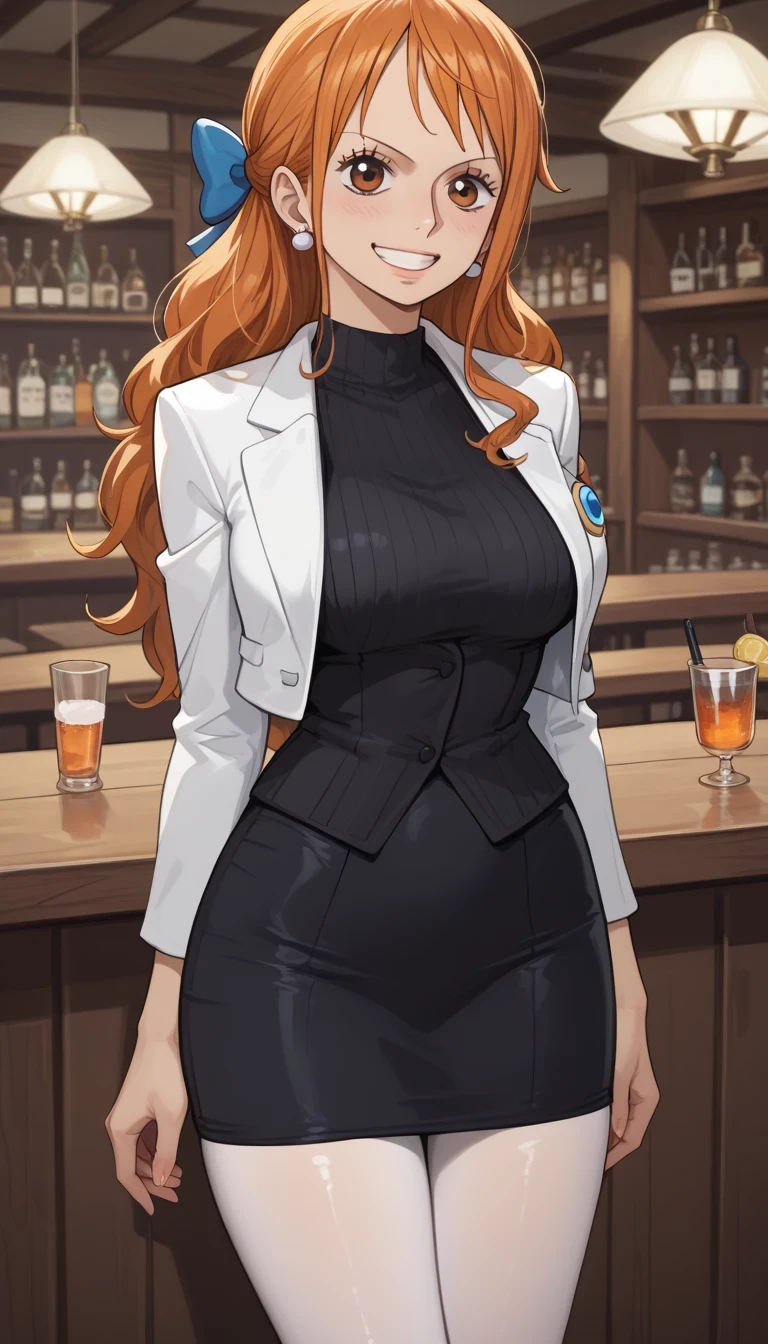score_9, score_8_up, score_7_up, source_Anime Top Quality、8k、 masterpiece、super high accuracy、 natural light、perfect anatomy、one woman、medium breasts、saggy breasts:1.5、one piece、nami、orange hair、( Happy Expression )、white tight elegant suit、white tight jacket、tight white pencil skirt、pantyhose、((bar))、 elegant standing posture